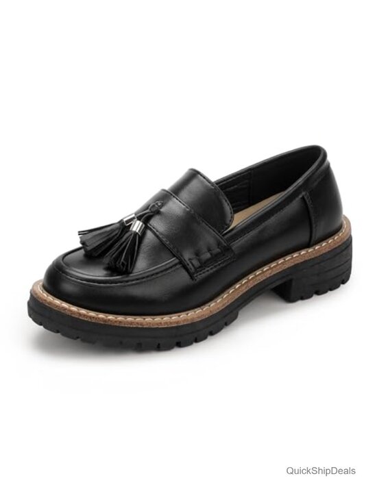 Shoes - IDIFU Women's Chunky Platform Loafers Slip On Lug Sole Low Heel Tassel Dress